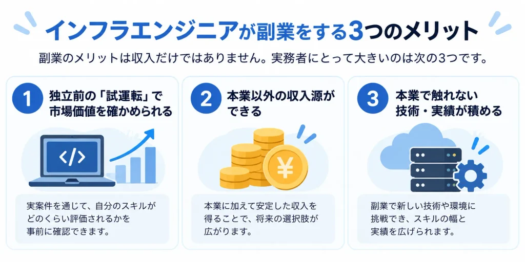 インフラエンジニアが副業をする3つのメリットの図解｜独立前の試運転・収入源・技術実績