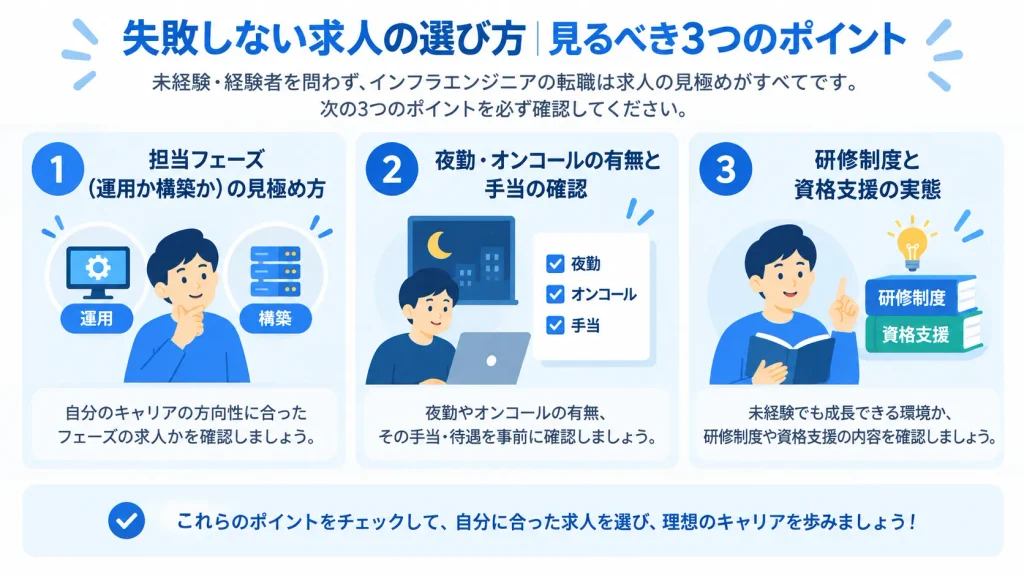 失敗しないインフラエンジニア求人の選び方3つのポイント（担当フェーズ・夜勤の有無・研修と資格支援）