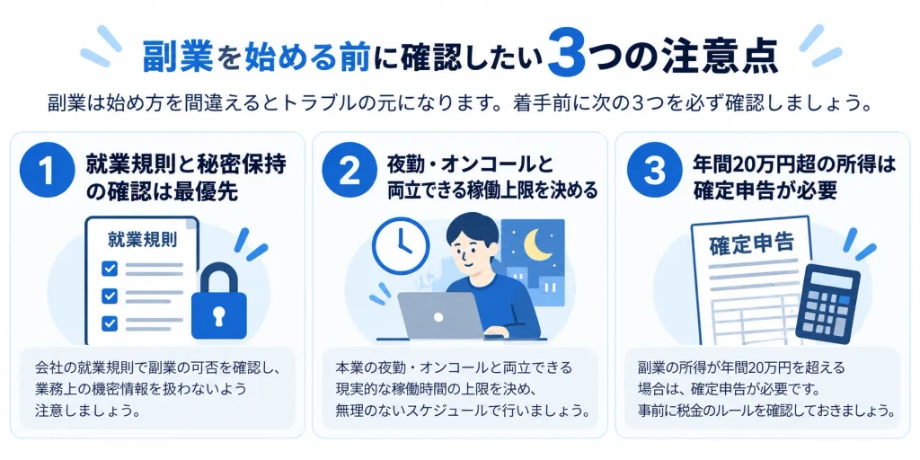 副業を始める前に確認したい3つの注意点の図解｜就業規則・稼働上限・確定申告