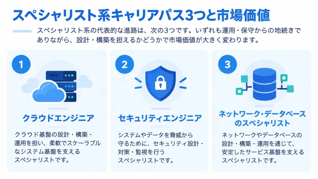 スペシャリスト系キャリアパス3つ（クラウドエンジニア・セキュリティエンジニア・ネットワーク、データベースのスペシャリスト）
