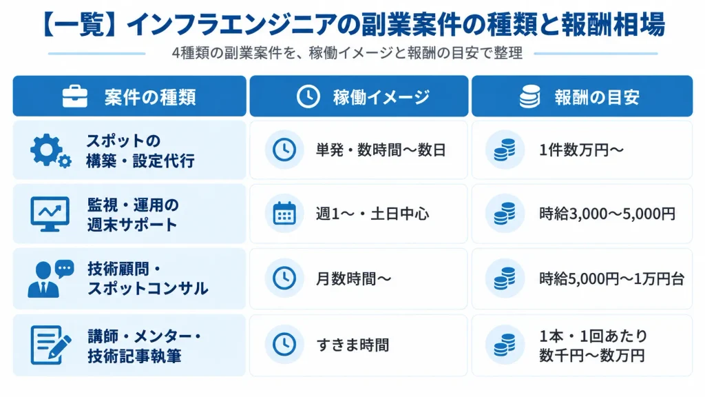 インフラエンジニアの副業案件4種類と報酬相場の一覧図解｜構築代行・監視サポート・技術顧問・講師執筆