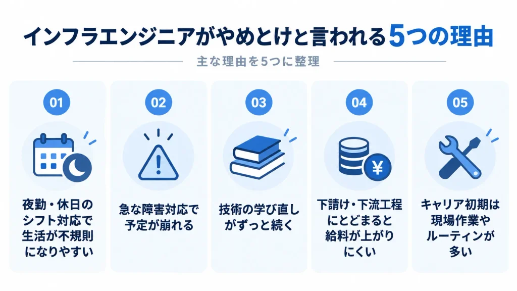 インフラエンジニアがやめとけと言われる5つの理由の図解｜夜勤・障害対応・学び直し・下流の待遇・現場作業