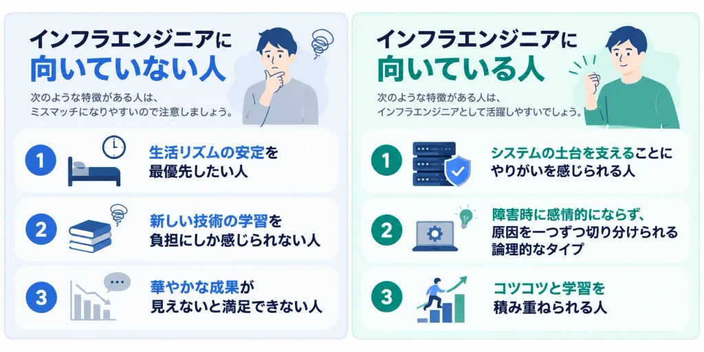 インフラエンジニアに向いていない人・向いている人の特徴比較の図解