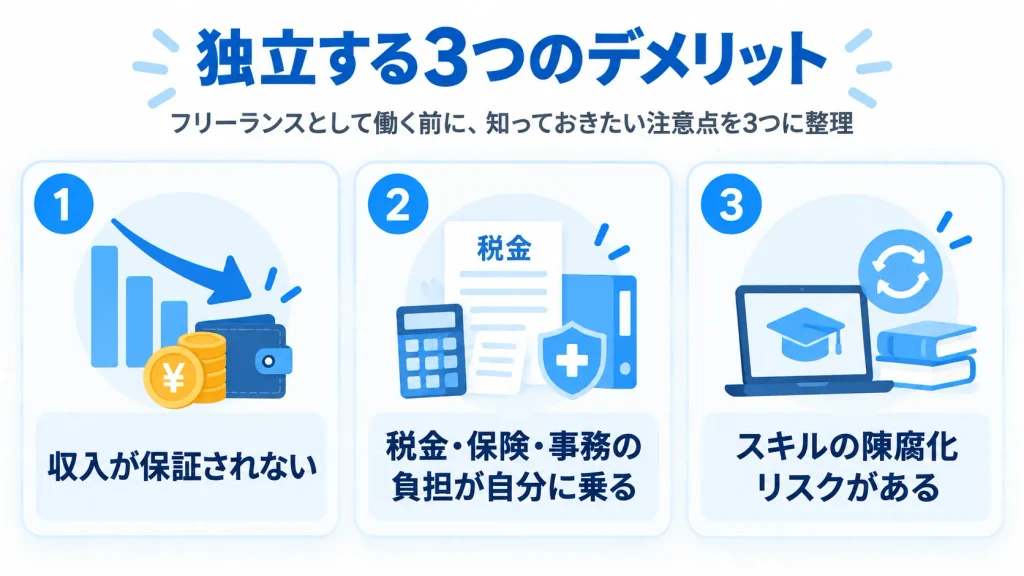 フリーランスに独立する3つのデメリット(収入・税金や保険の負担・スキルの陳腐化)