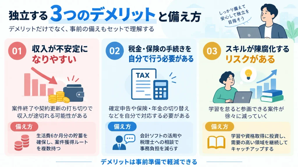 フリーランス独立の3つのデメリットと備え方の図解